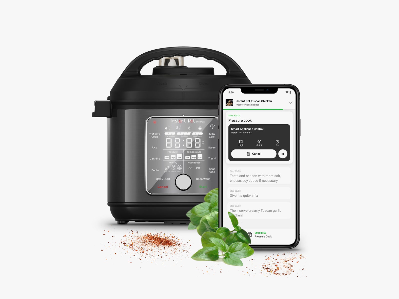 Instant Pot Pro Plus avec smartphone affichant l'application Instant Pot