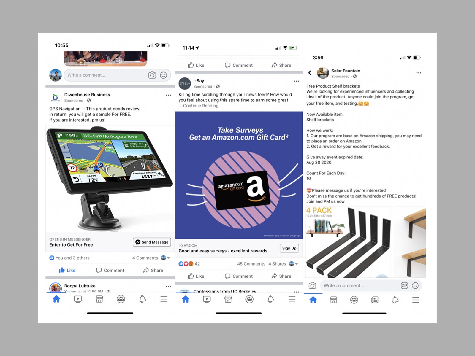 Capture d'écran de diverses publicités Facebook faisant la promotion de produits gratuits en échange d'avis Amazon.