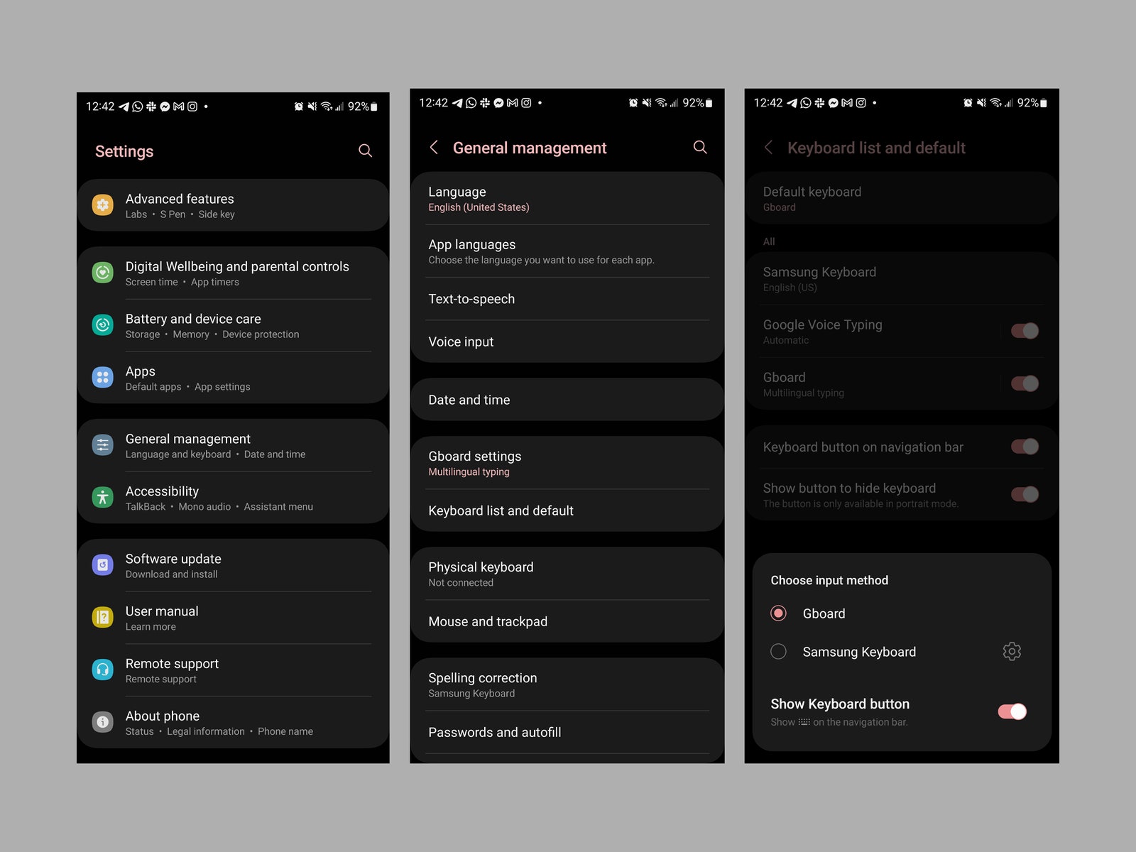 Trois captures d'écran du menu des paramètres d'un smartphone Samsung