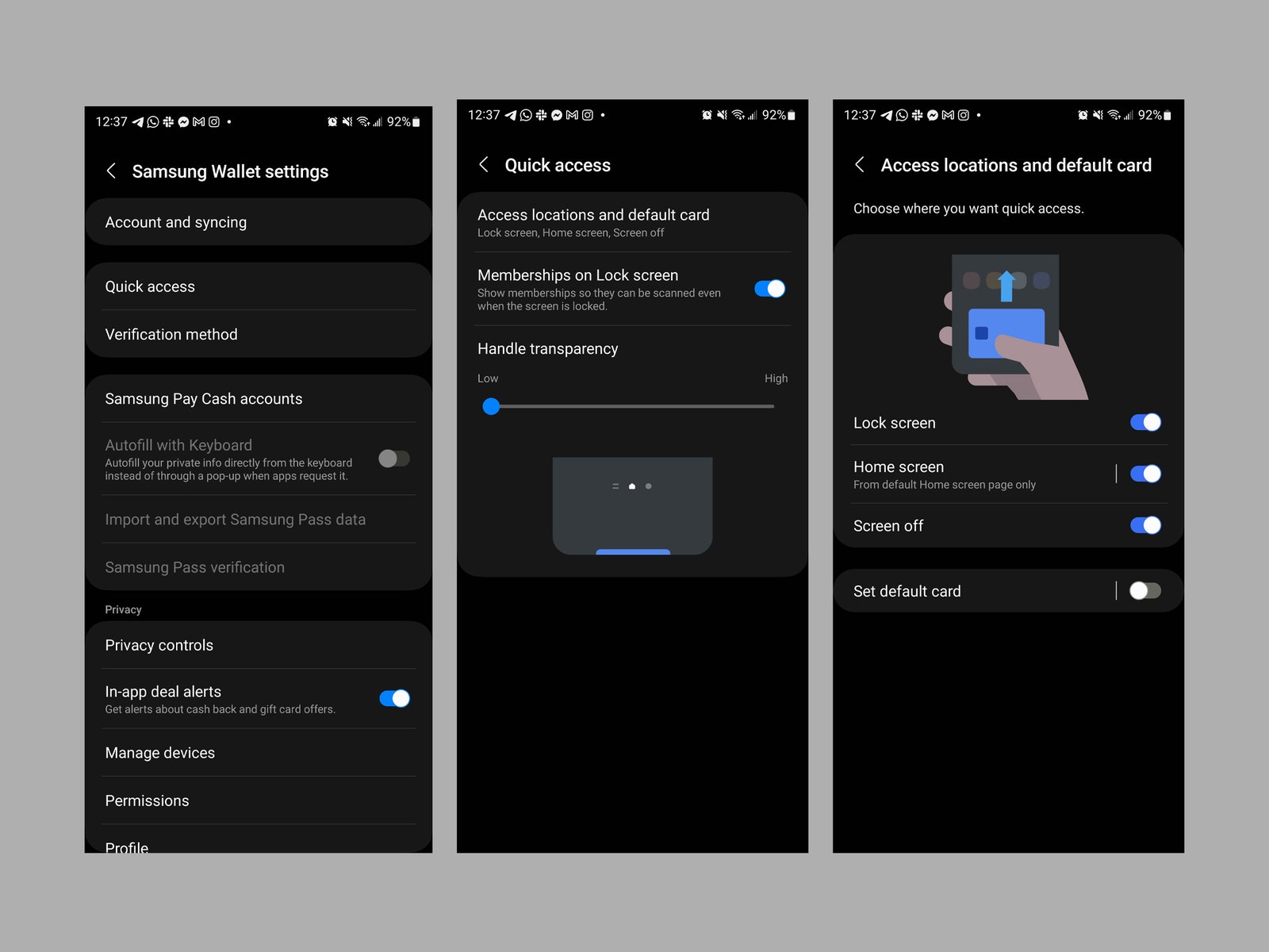 Trois captures d'écran du menu des paramètres d'un smartphone Samsung