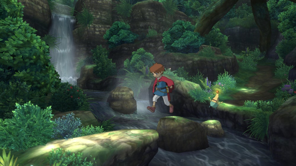 Capture d'écran du jeu Ni no Kuni Wrath of the White Witch avec un personnage sautant sur des rochers près d'une rivière
