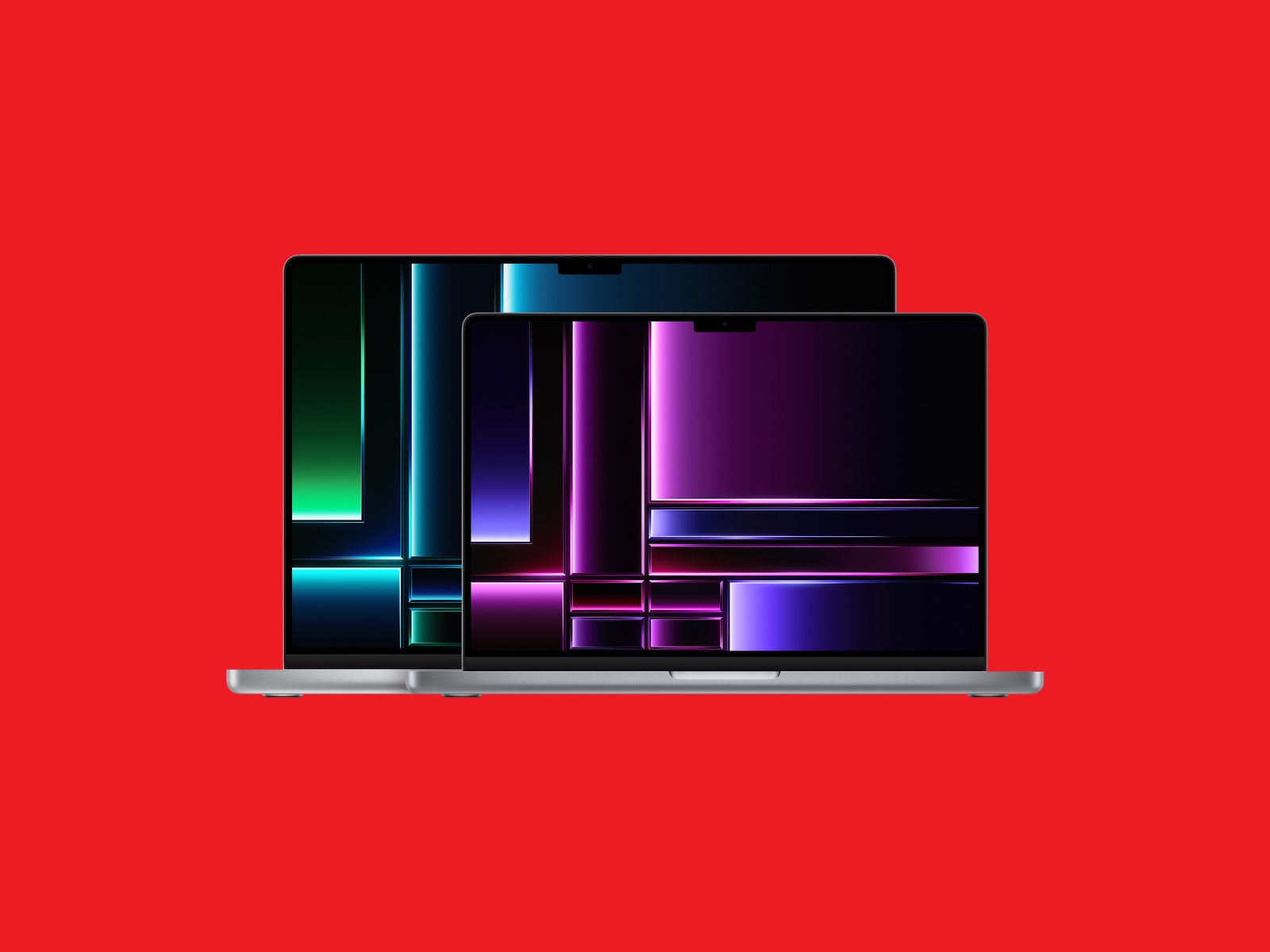 Modèles Apple MacBook Pro 16 pouces 2023 sur fond rouge