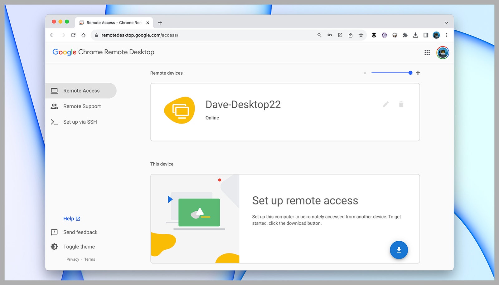 Capture d'écran de l'application Google Chrome Remote Desktop sur le bureau d'un ordinateur