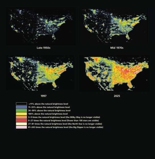 Augmentation de la luminosité artificielle du ciel nocturne en Amérique du Nord (Source : Ron Chepesiuk, 2009, Environmental Health Perspective)